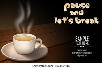 Cup of hot coffee with coffee beans on a wooden table