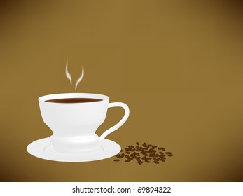 Cup of hot coffee and coffee beans on the brown background