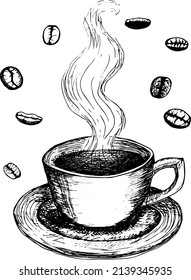 Cup with hot coffee and coffee beans. Sketch of coffee cup, stylized vector.