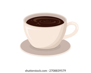 Xícara de café quente com grãos de café em cores pastel macio em um fundo branco. Ilustração de bebida quente em estilo minimalista plano. Aconchegante conceito de bebida matinal. Design isolado do vetor.