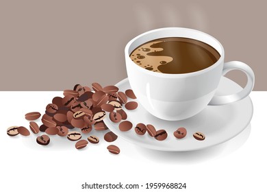 Cup of hot Coffee with coffee beans. Vector Illustration. 