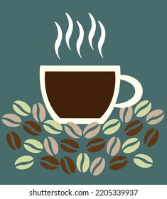 A cup of hot coffee and coffee beans vector.