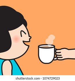A Cup Of Hot Coffee Is Being Served To Happy Smiling Girl Concept Card Character illustration