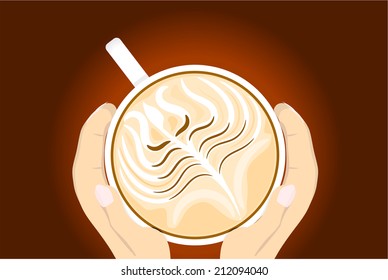 Cup of hot coffee with both hands holding it vector