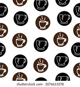cup of hot coffee and broken cup icon with black and brown circles. seamless pattern, hand drawn vector. white outline. doodle art for business logo, label, sticker, clipart, wrapping paper and gift. 