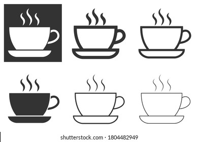 Cup of hot coffee in a cafe. Coffee drink in dark and white versions. Flat vector icon on white and dark background for food applications and websites