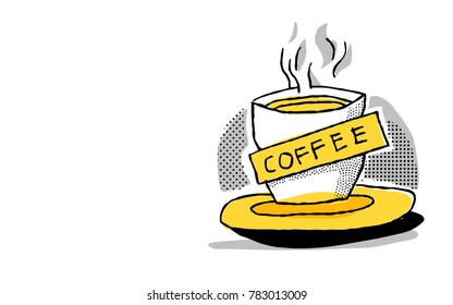 Una taza de café caliente. Diseño mural de cafés en color amarillo y negro