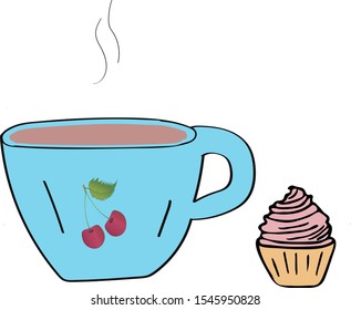 A cup of hot coffee with a cake. Blue mug, pink cake. Vector image.