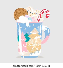 Cup with hot coffee or chocolate with whipped cream, small marshmallow, cookies and candy. Isolated vector on white background. Holiday winter flat illustration. Christmas warm cozy time