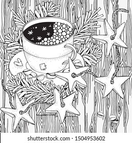 Copa con café caliente y perfumado de Navidad. Página del libro Coloring para adultos.  Granos de café. Ilustración vectorial hecha a mano. Blanco y negro.