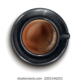 Cup of hot coffee concept. Delicious americano drink with bitter and tart taste and bubbles. Design element for social networks. Top view. Realistic 3D vector illustration on white background