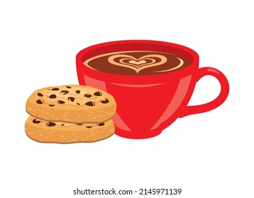 Taza de café caliente y el vector del conjunto de iconos de cookies. La taza roja con el icono de las galletas de café y chocolate aislado en un fondo blanco. Taza de capuchino con forma de corazón y elemento de diseño de galletas