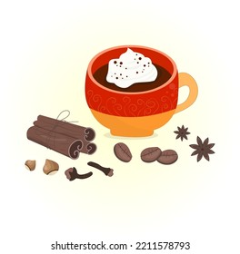 a cup of hot coffee with cream, aromatic autumn atmosphere