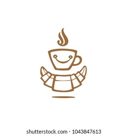 cup of hot coffee with croissant, coffee logo, vector image