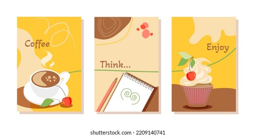 Eine Tasse heißen Kaffee. Kuchen mit Kirsche mit Blättern oben. Notebook  mit rosafarbenem Bleistift. Hot Drink Konzept. Schreib Kaffee denken genießen. Vektorgrafik.