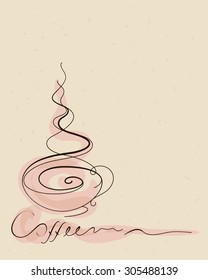 Cup of hot coffee. Curled unique hand drawn design with supplementing handwritten text. Can be used as background, cover, menu, card, advertisement or other. Eps 10