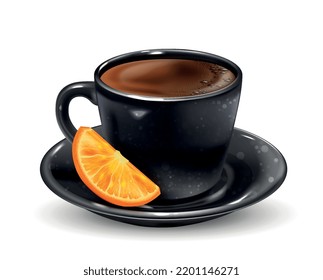 Cup of hot coffee. Delicious Arabica and Robusta drink in black mug. Americano with sour orange slice. Design element for advertising posters and print. Side view. Realistic 3D vector illustration