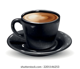 Cup of hot coffee. Delicious raf or espresso in black mug. Rich aromatic drink made from Arabica and Robusta. Design element for menus for coffee shop. Side view. Realistic 3D vector illustration