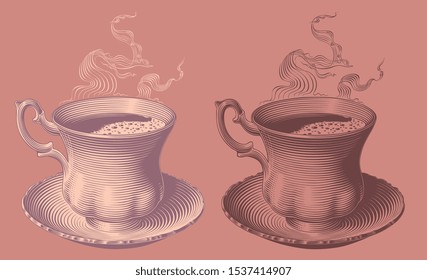 Cup of hot coffee. Design set. Hand drawn engraving. Editable vector vintage illustration. Isolated on color background. 8 EPS 