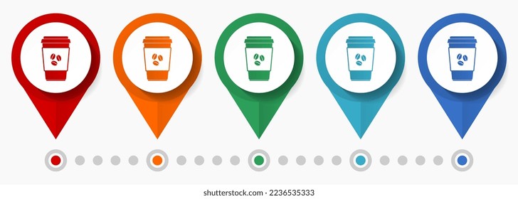 Cup of hot coffee, drink concept vector icon set, flat design cafe pointers, infographic template easy to edit