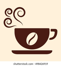cup of hot coffee drink with white vector icon on brown background