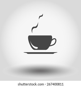 A cup of hot coffee. Grey web icon, vector illustration. Flat design style.