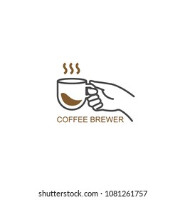 cup of hot coffee in hand with aroma smoke logo for coffee shop cafe 