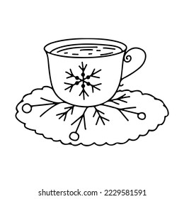 Cup of hot coffee in hand drawn doodle style. Vector illustration isolated on white background. Perfect for holiday and Christmas designs, cards, logo, decorations.