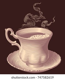 Cup of hot coffee. Hand drawn engraving. Vector vintage illustration. Isolated on dark background. 8 EPS