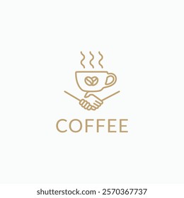 A cup of hot coffee with hand shake logo simple line art outline symbol. Creative coffee shop icon logo design concept. Vector illustration