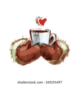 Cup of hot coffee, hands, gloves, heart, isolated. Vector. Hand draw