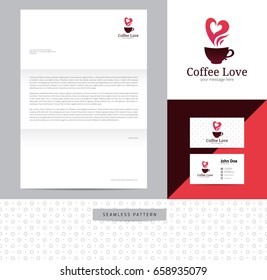 Cup of hot coffee with heart shaped steam identity design consisting of logo, business card, letterhead and seamless pattern.