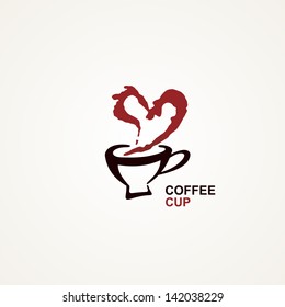 Cup of hot coffee. Heart-shaped steaming.