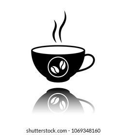 cup of hot coffee icon. Black icon with mirror reflection on whi