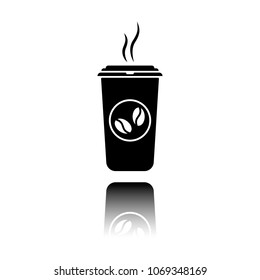 cup of hot coffee icon. Black icon with mirror reflection on whi