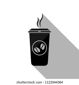 cup of hot coffee icon. Black object with long shadow on white background