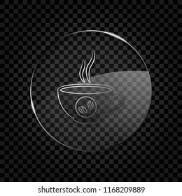 cup of hot coffee icon. Icon in circle glass bubble on dark transparent grid. Glass style