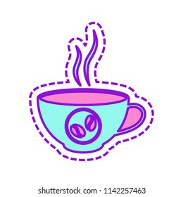 cup of hot coffee icon. Colored sketch with dotted border on white background