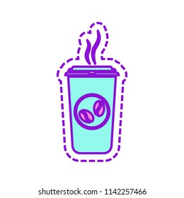 cup of hot coffee icon. Colored sketch with dotted border on white background