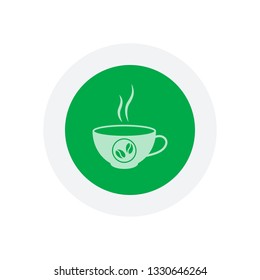 cup of hot coffee icon. Icon in colored circle with gray bold border. Web button, modern flat design