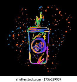 cup of hot coffee icon. Colored ink with splashes on black background