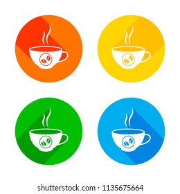 cup of hot coffee icon. Flat white icon on colored circles background. Four different long shadows in each corners