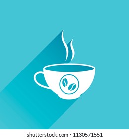 cup of hot coffee icon. Gray icon with long shadow in bottom left corner on blue background