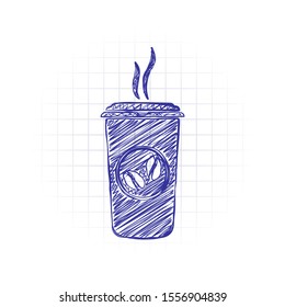 cup of hot coffee icon. Hand drawn sketched picture with scribble fill. Blue ink. Doodle on white background