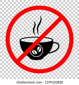 cup of hot coffee icon. Not allowed, black object in red warning sign with transparent background