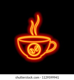 cup of hot coffee icon. Orange neon style on black background. Light icon