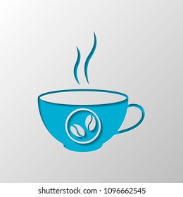 cup of hot coffee icon. Paper design. Cutted symbol with shadow