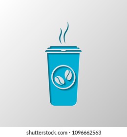 cup of hot coffee icon. Paper design. Cutted symbol with shadow