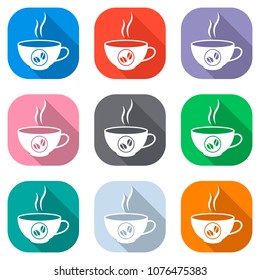 cup of hot coffee icon. Set of white icons on colored squares fo