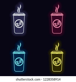 cup of hot coffee icon. Set of fashion neon sign. Casino style on dark background. Seamless pattern